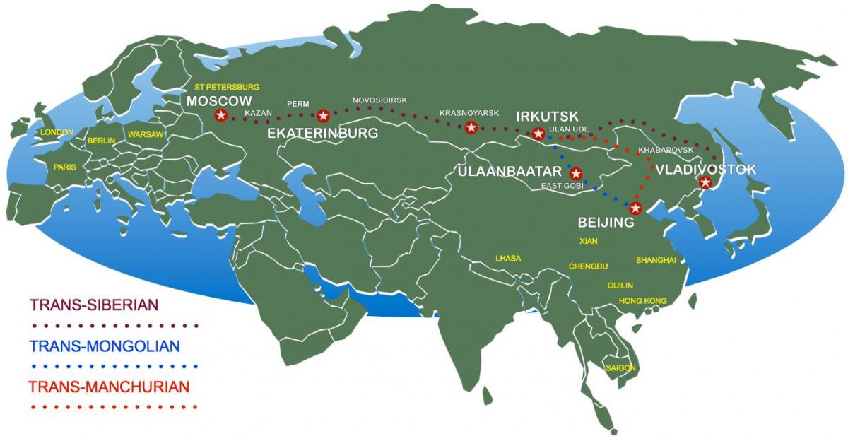 Karte von Moskau bis Wladiwostok Bahn-route